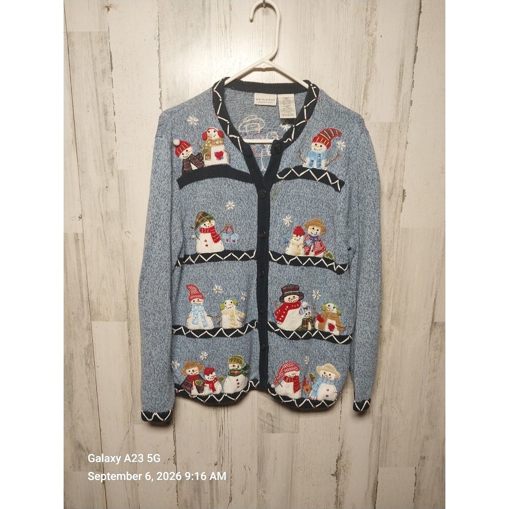 White Stag Winter Embroidered Snowman Holiday Cardigan Sweater Womens 16W